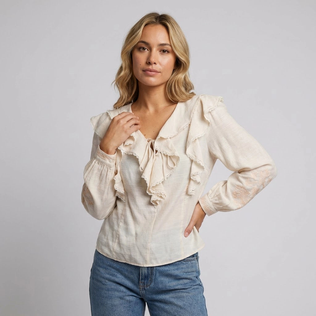 V-Neckline Blouse with Ruffled Collar