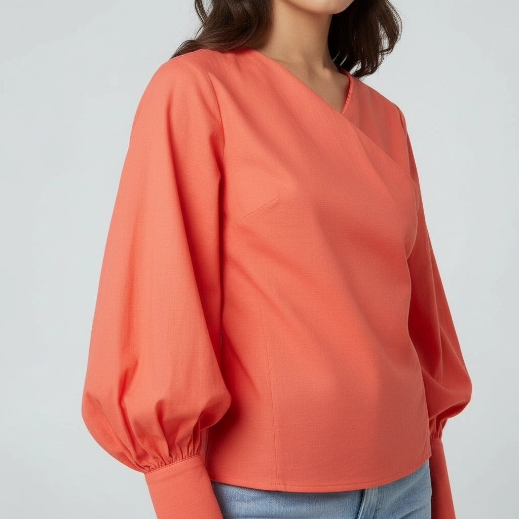 Women's Wrap Blouse with Puff Sleeves