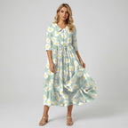 V-Neck Daisy Print Midi Dress With 3/4 Sleeves