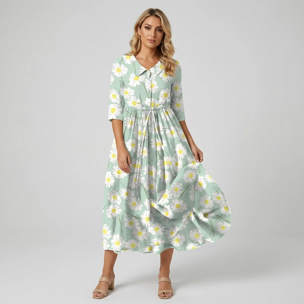 V-Neck Daisy Print Midi Dress With 3/4 Sleeves