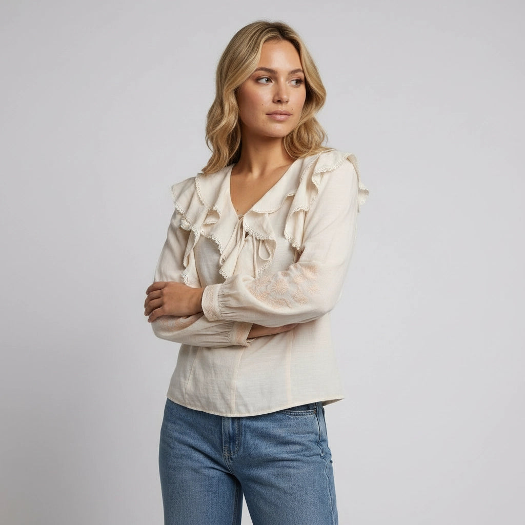 V-Neckline Blouse with Ruffled Collar