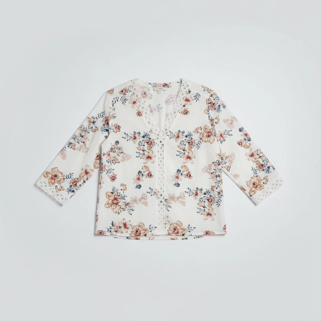 V Neck Floral Blouse With Crochet Trim