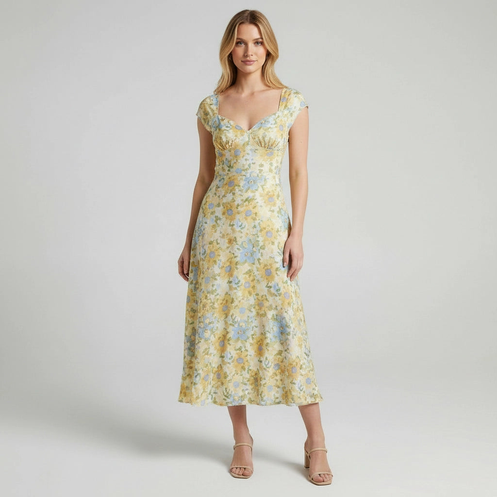 Sweetheart Neck Floral Midi Dress