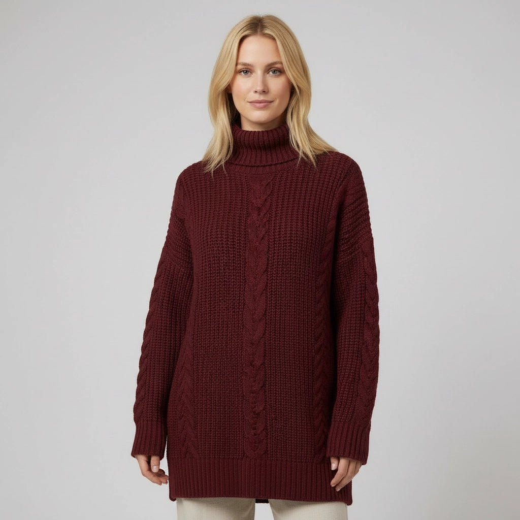 Turtleneck Cable Knit Tunic Sweater