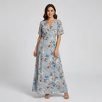Women's Floral Short Sleeve Maxi Dress With V-Neck