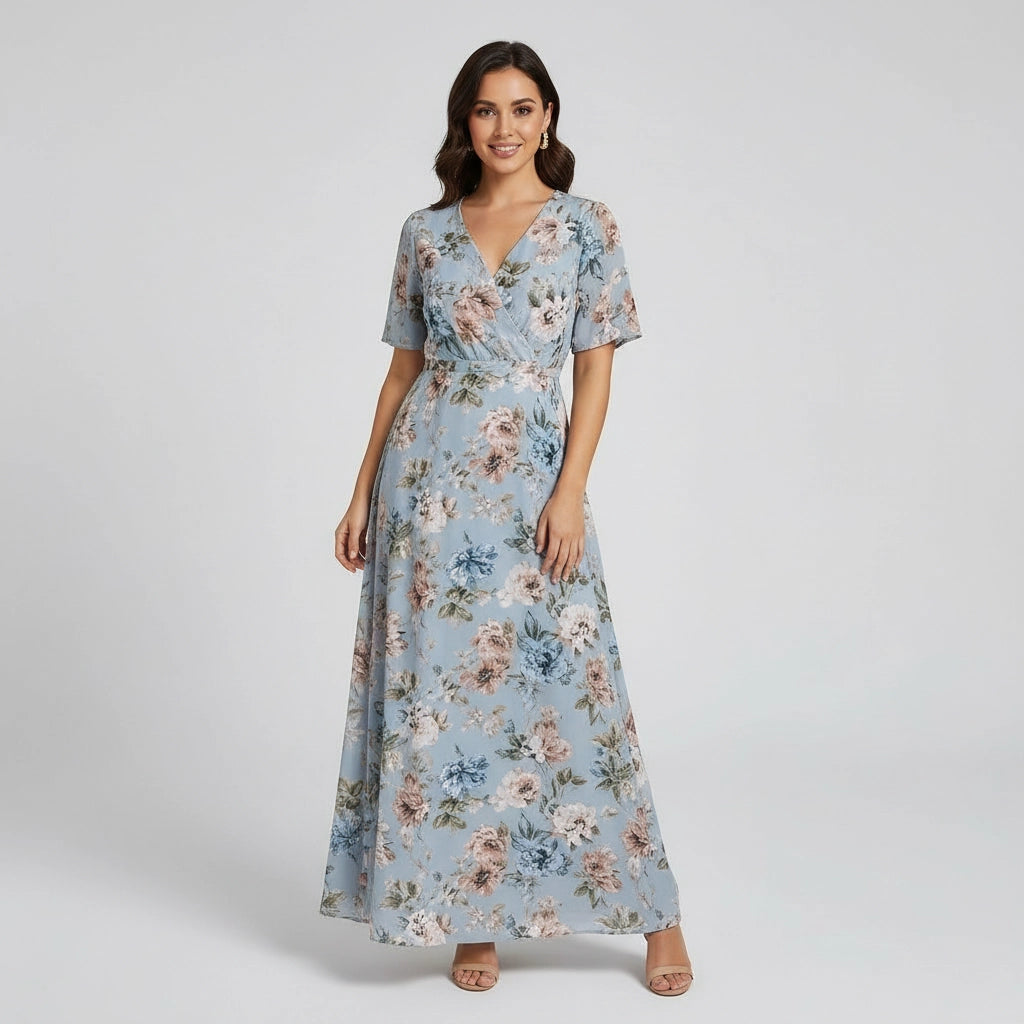 Women's Floral Short Sleeve Maxi Dress With V-Neck