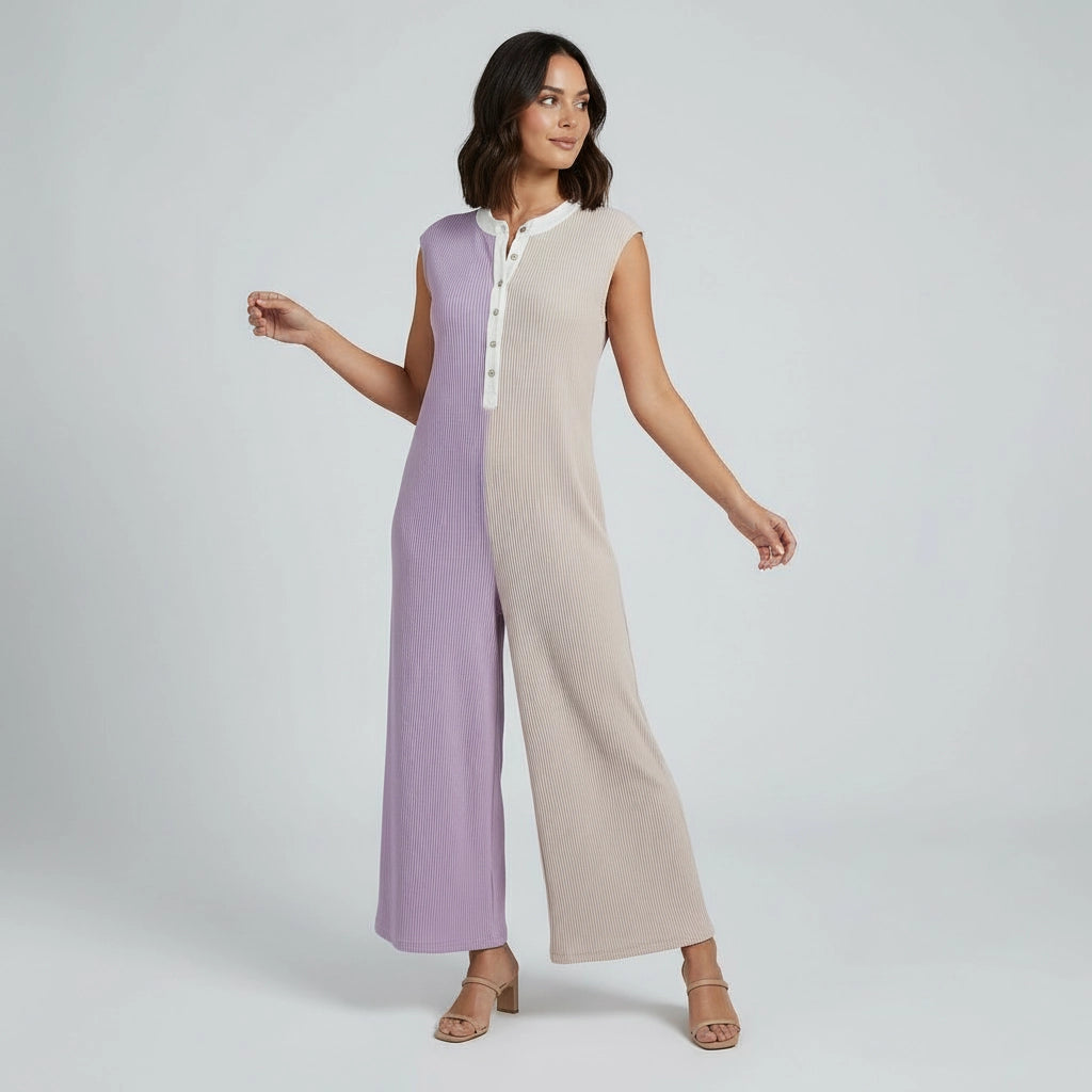 Sleeveless Wide-Leg Jumpsuit with Henley-Style Button Placket