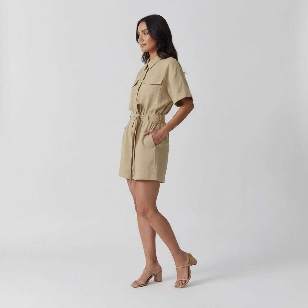 Women’s Utility Shirt Romper with Tie Waist