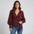 Wrap V-Neck Blouse with Puff Sleeves
