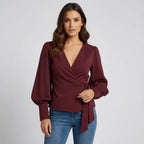 Wrap V-Neck Blouse with Puff Sleeves