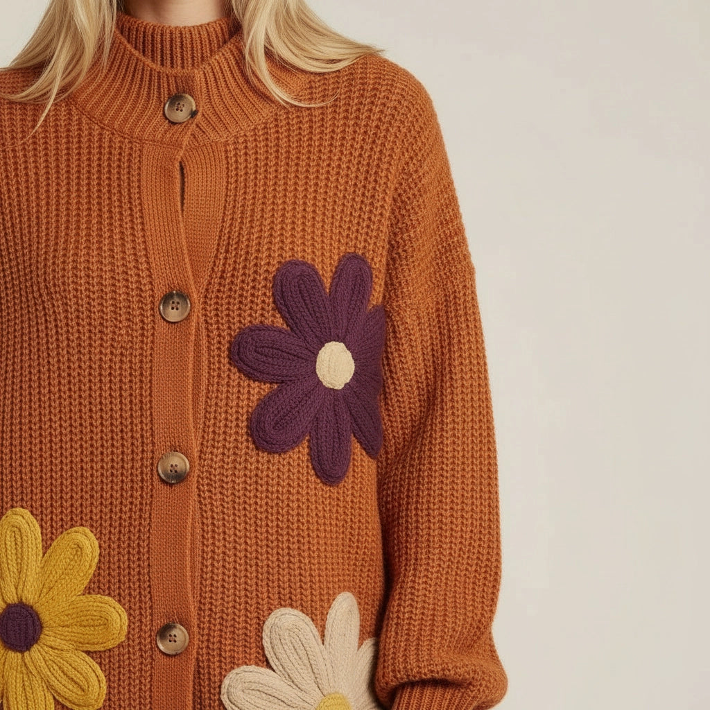 Longline Relaxed Fit Cardigan with Flower Appliqué