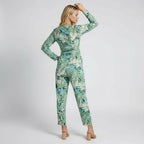 Tropical Leaf Print V-Neck Jumpsuit