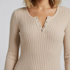 Ribbed Bodycon Midi Dress with Button Detail