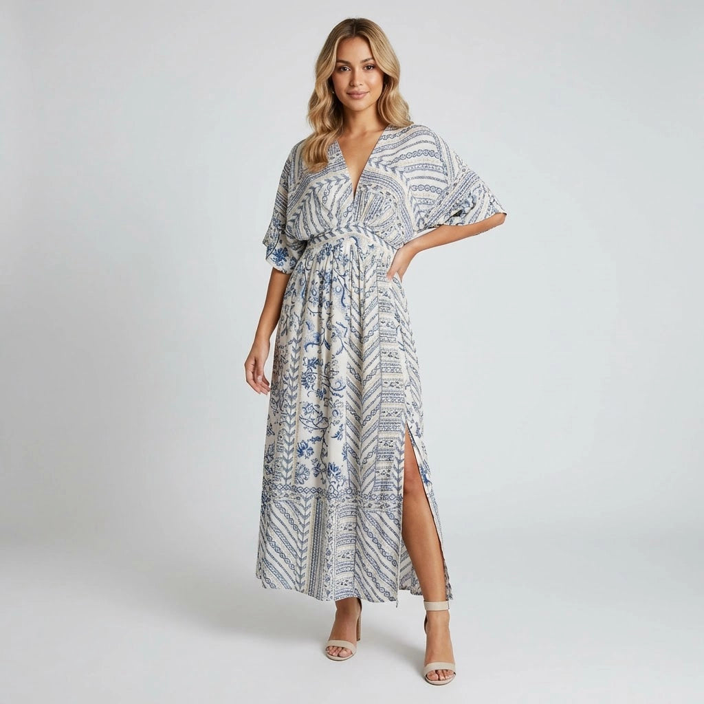 Women’s Boho Print V-Neck Maxi Dress With Side Split