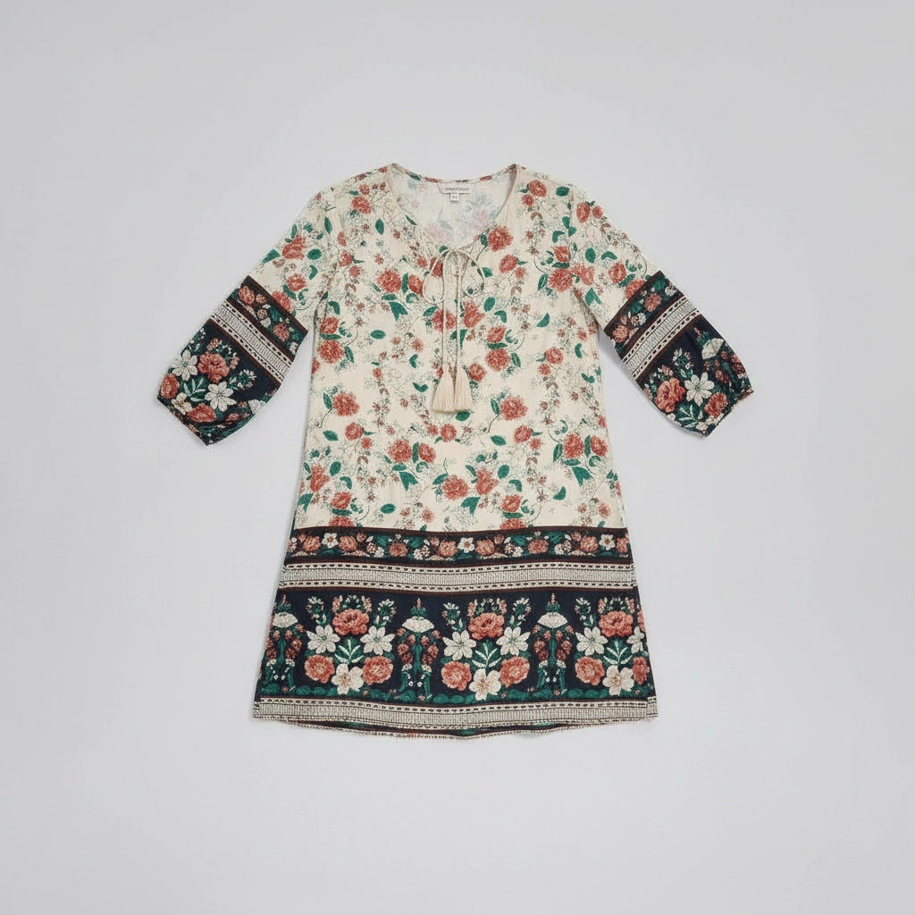 Floral Shift Dress with Tassel Tie