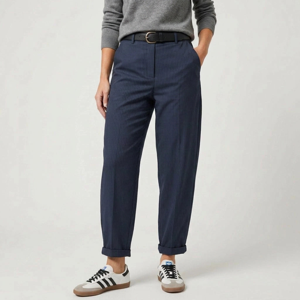 Barrel Leg Pants with in Striped Pattern Navy
