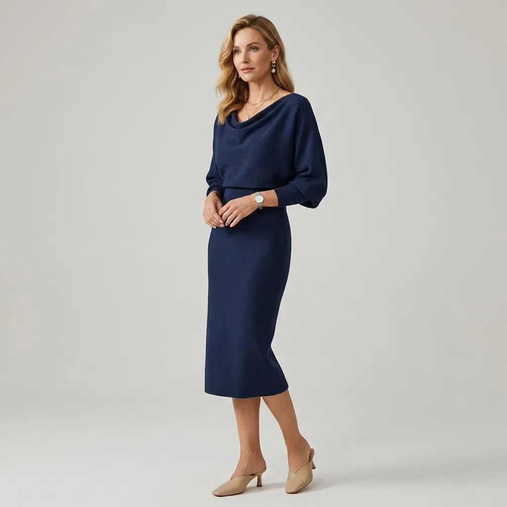 Cowl Neck Midi Knit Dress with Long Sleeves Dark Blue 4