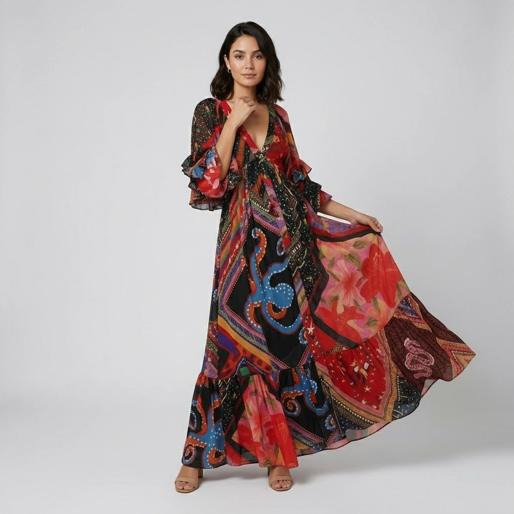 Women’s Boho V-Neck Ruffle Sleeve Maxi Dress
