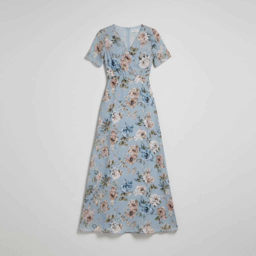 Women's Floral Short Sleeve Maxi Dress With V-Neck