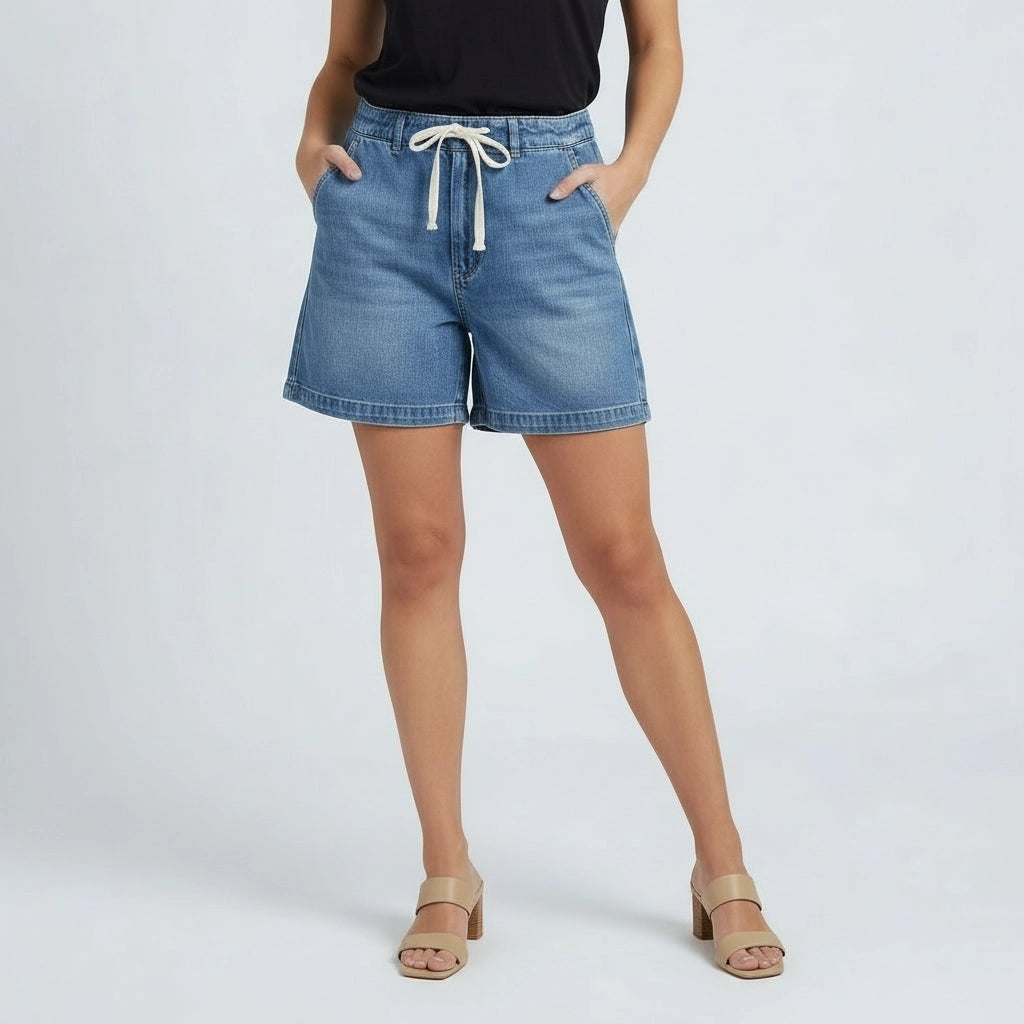 Women’s High Waist Denim Shorts with Drawstring