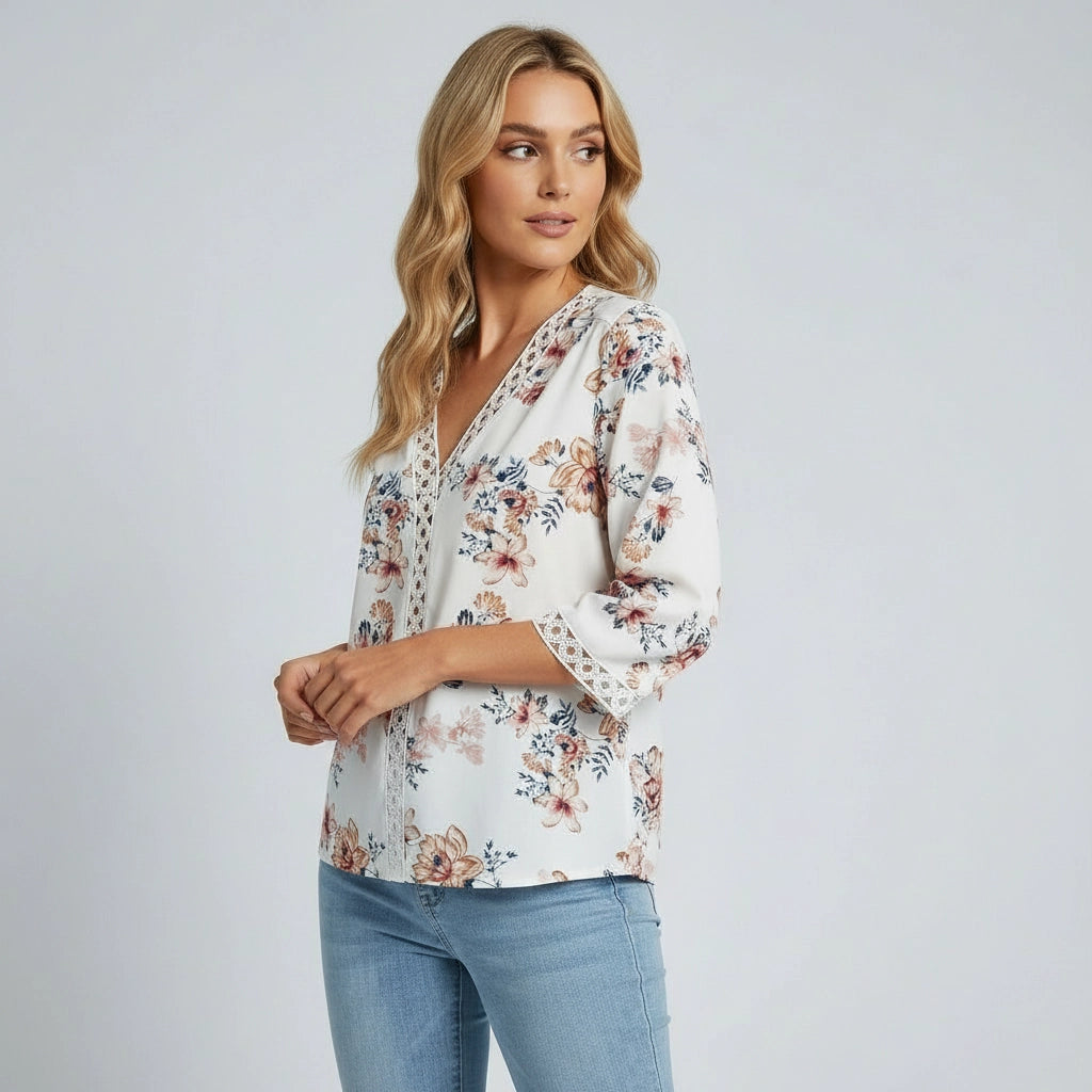 V Neck Floral Blouse With Crochet Trim