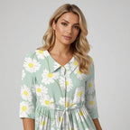 V-Neck Daisy Print Midi Dress With 3/4 Sleeves