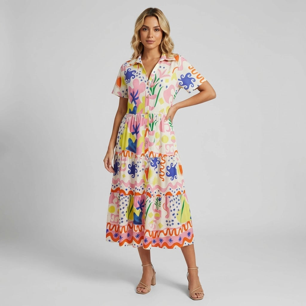Women's A-line Buttoned Shirt Midi Dress