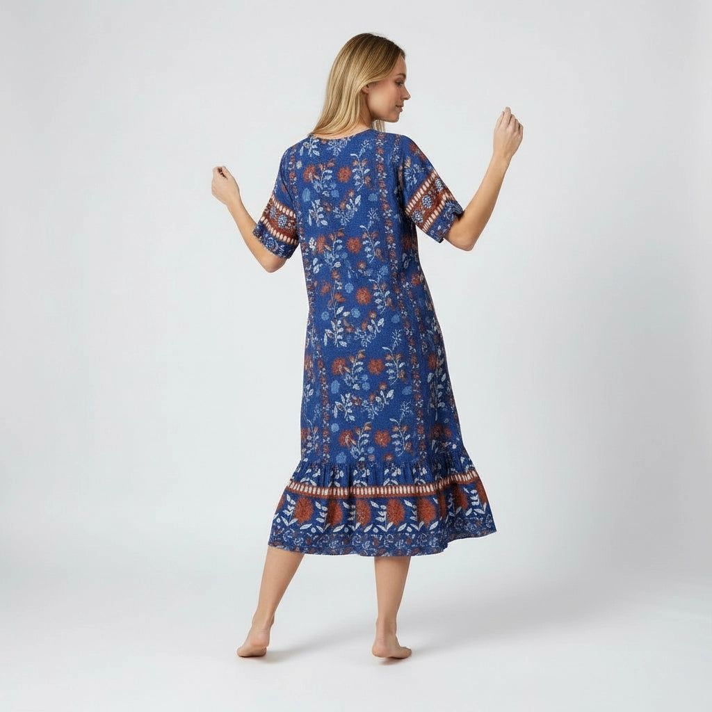 Women’s Folk Print Relaxed Midi Dress With Ruffle Hem