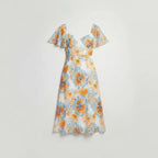 Women’s Sweetheart Neck Floral Midi Dress With Flutter Sleeves