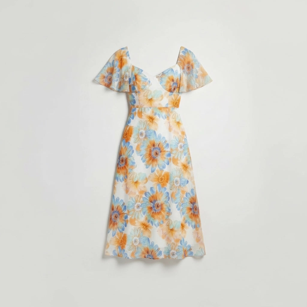 Women’s Sweetheart Neck Floral Midi Dress With Flutter Sleeves