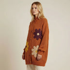 Longline Relaxed Fit Cardigan with Flower Appliqué