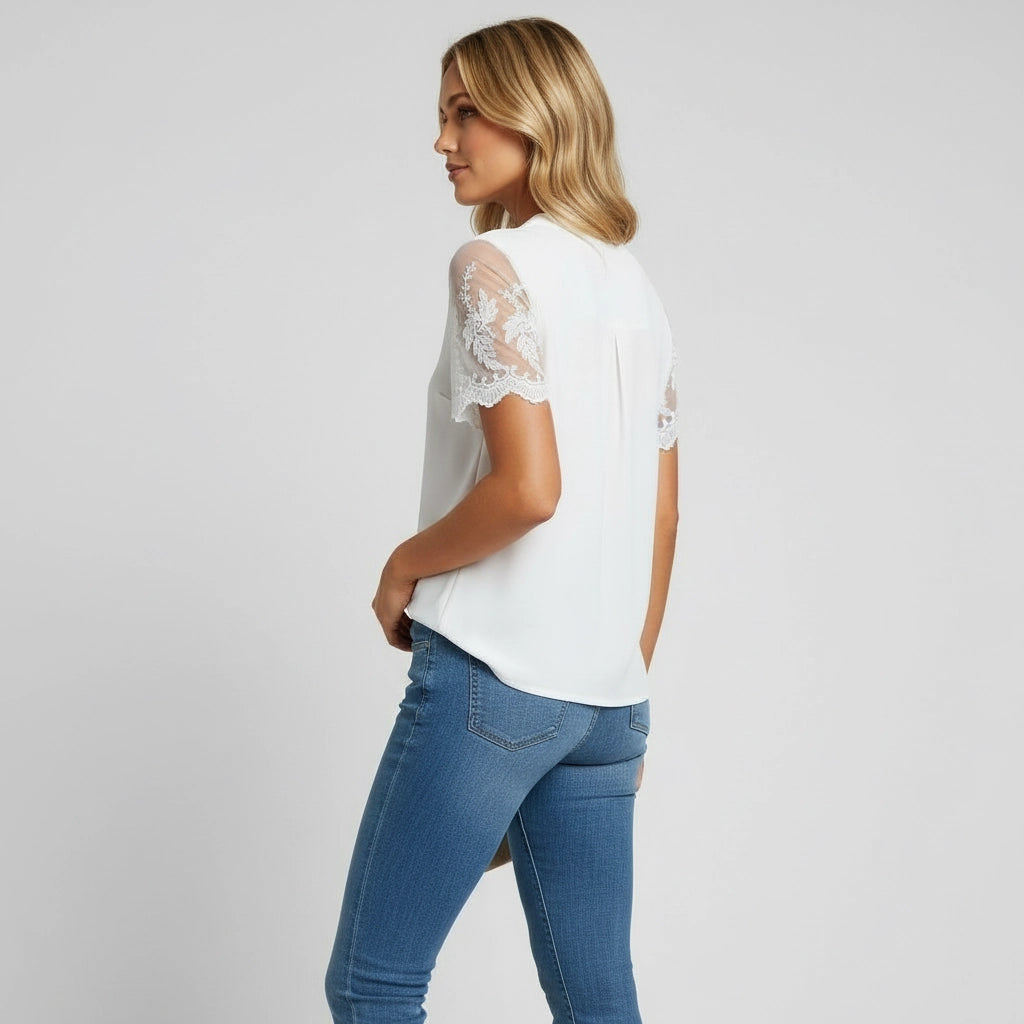 Straight Cut Blouse with Lace Sleeves