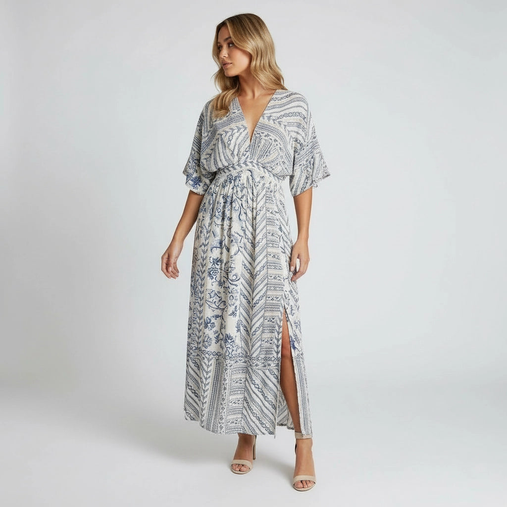Women’s Boho Print V-Neck Maxi Dress With Side Split