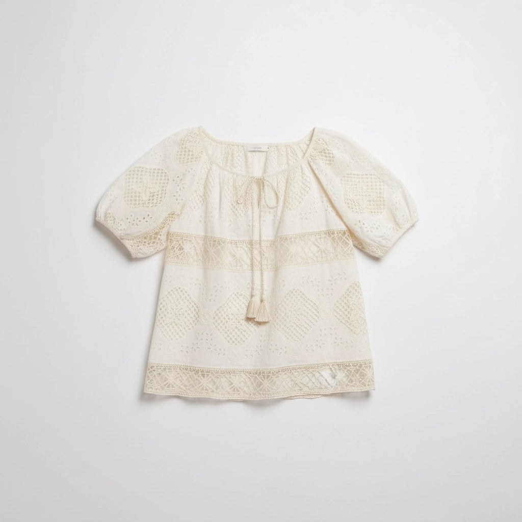 Relaxed Embroidered Blouse with Tassels