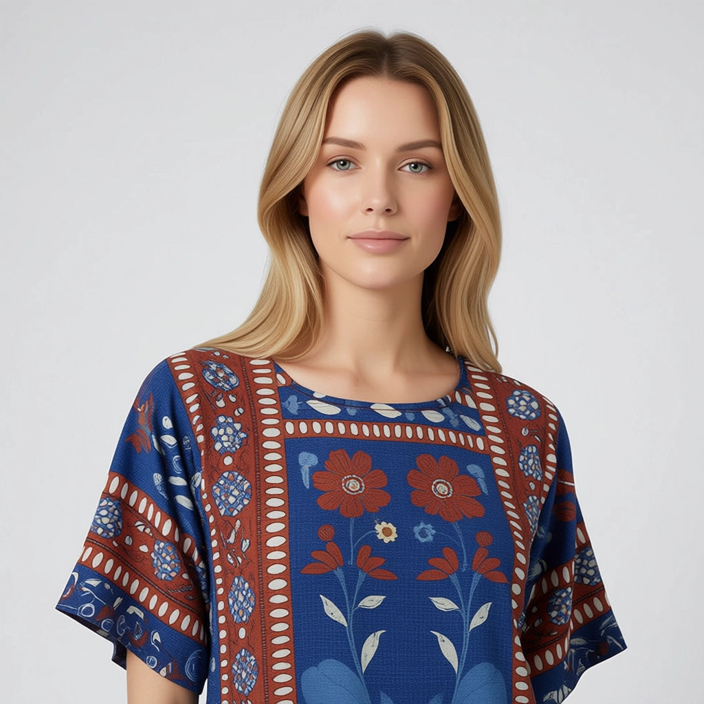 Women’s Folk Print Relaxed Midi Dress With Ruffle Hem