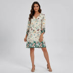 Women's V-Neck Floral Dress With 3/4 Sleeves
