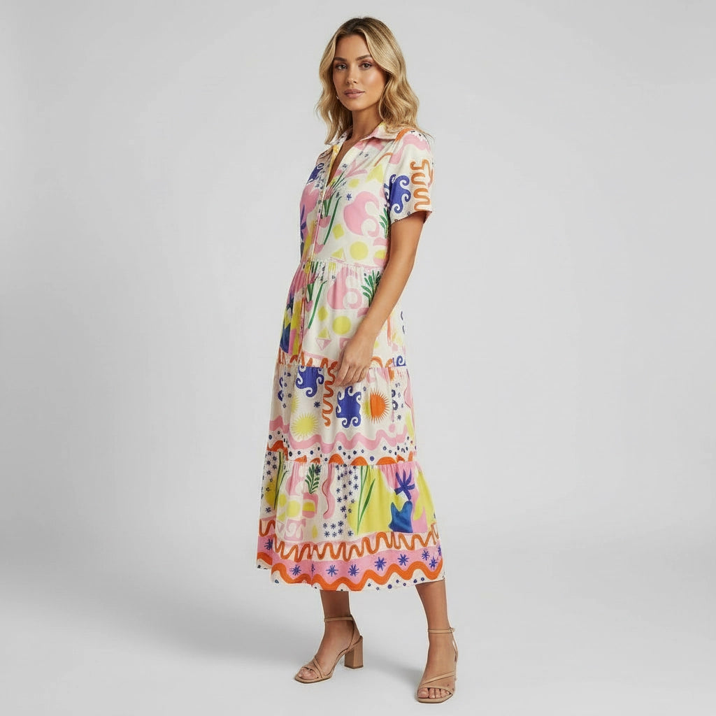 Women's A-line Buttoned Shirt Midi Dress