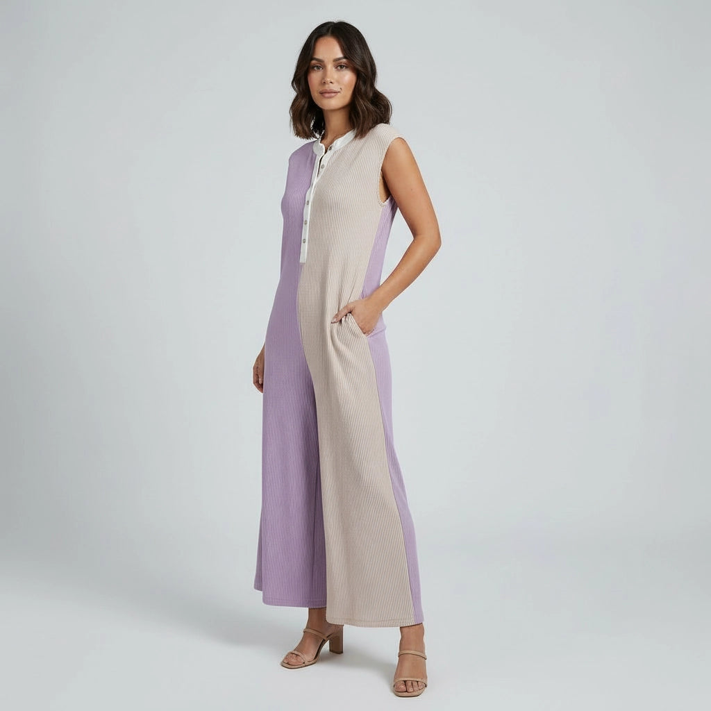 Sleeveless Wide-Leg Jumpsuit with Henley-Style Button Placket