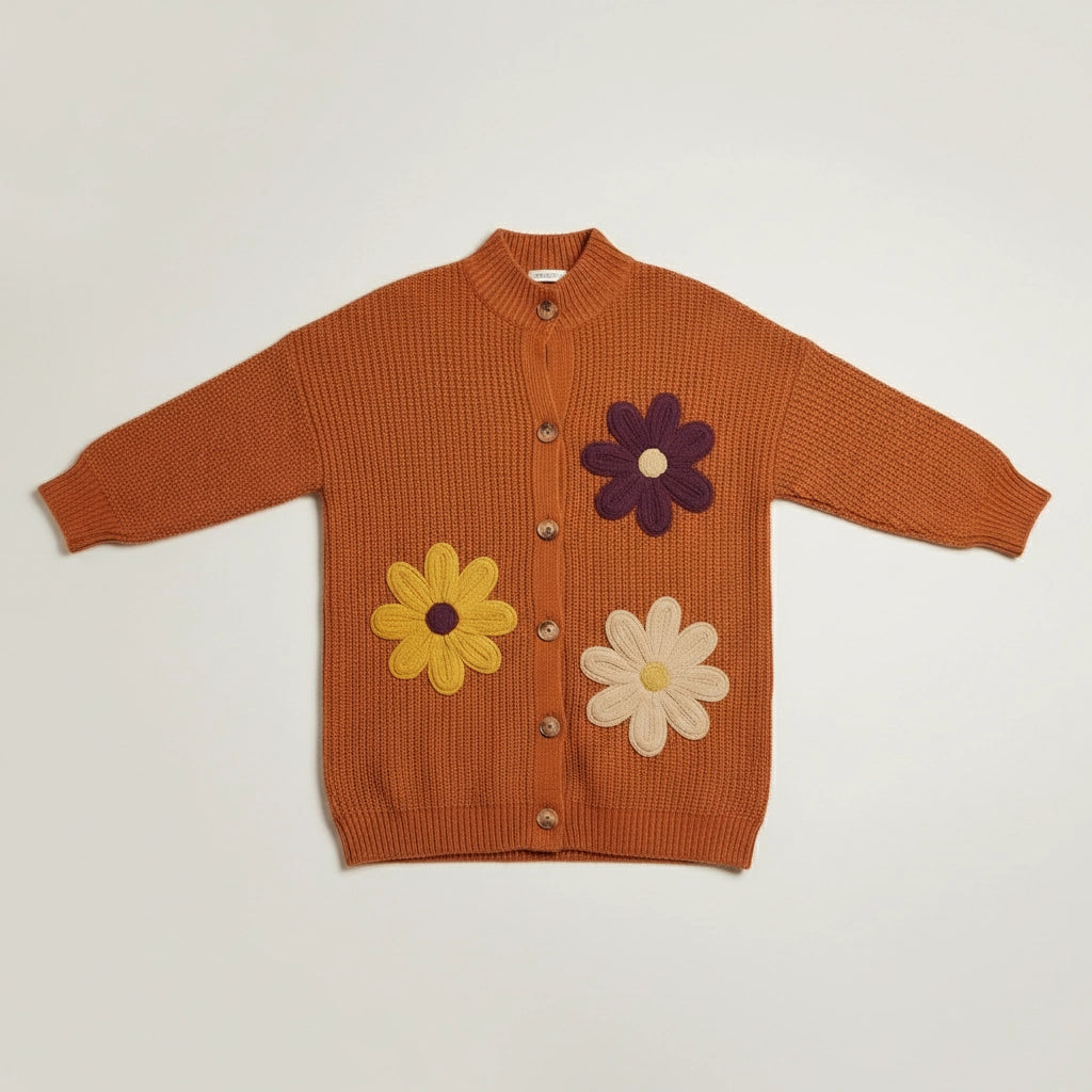Longline Relaxed Fit Cardigan with Flower Appliqué