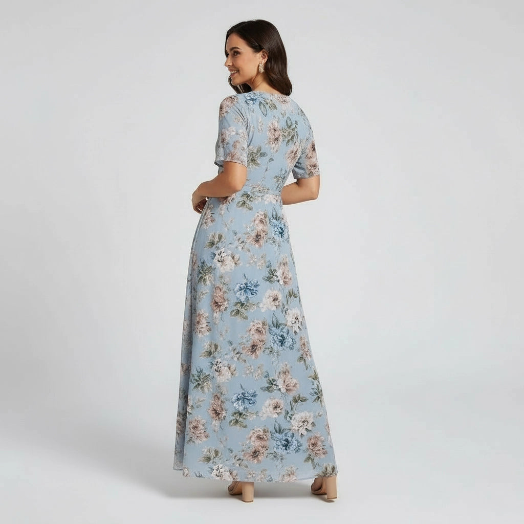 Women's Floral Short Sleeve Maxi Dress With V-Neck