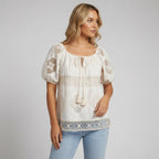 Relaxed Embroidered Blouse with Tassels