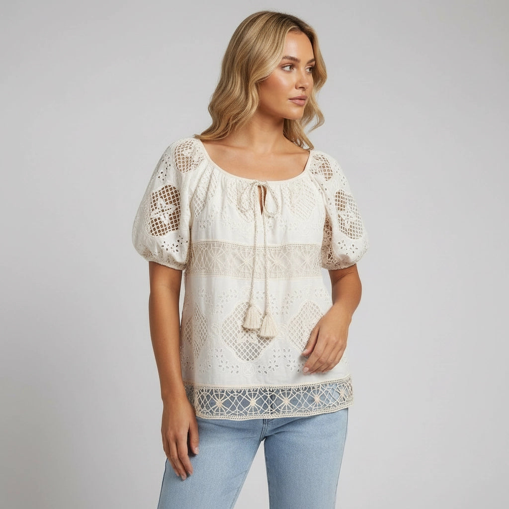Relaxed Embroidered Blouse with Tassels