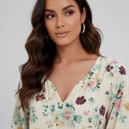 Women's V-Neck Floral Dress With 3/4 Sleeves