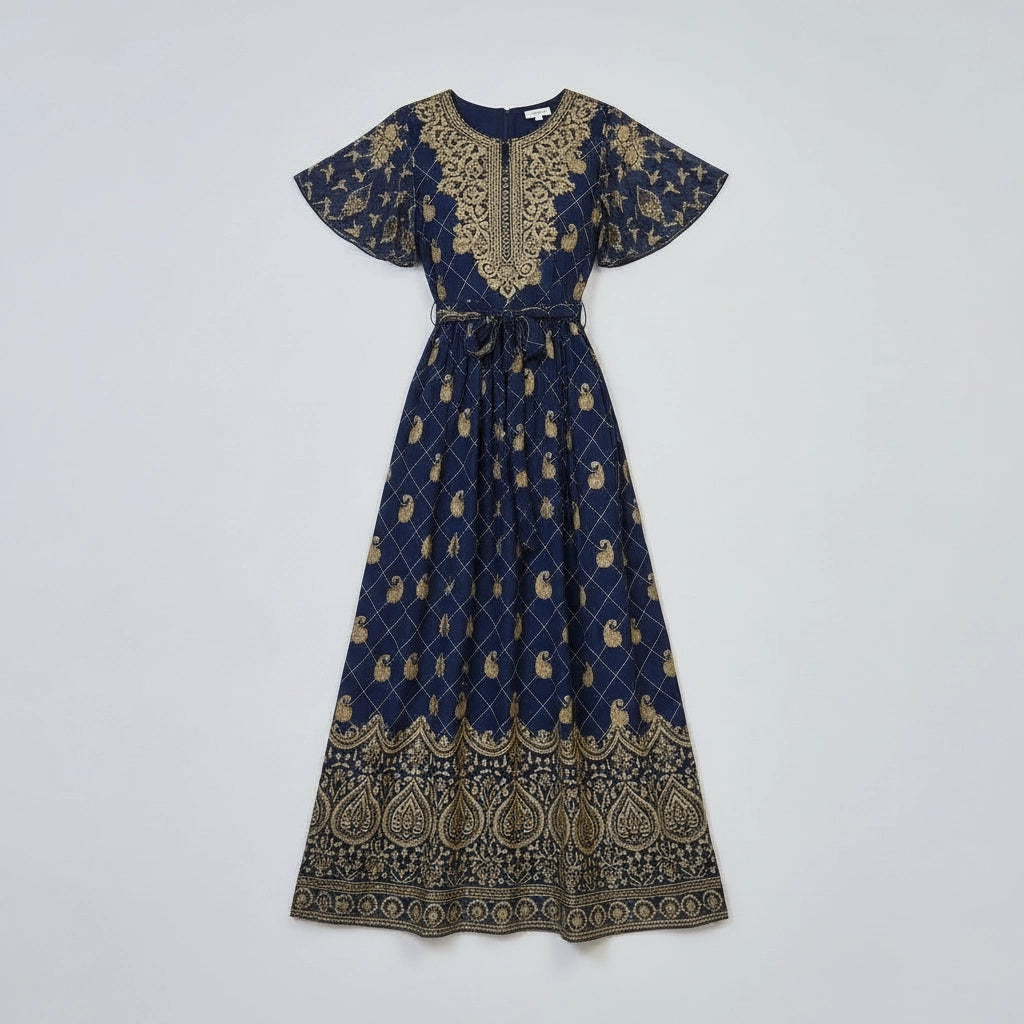 Women’s Boho Print Maxi Dress With Tie Waist