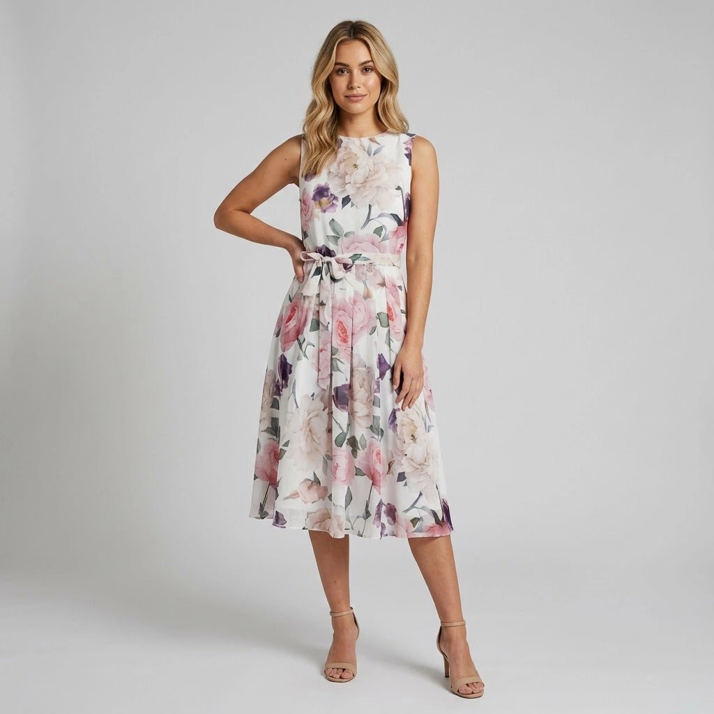 Women's Floral Sleeveless Dress With Belt