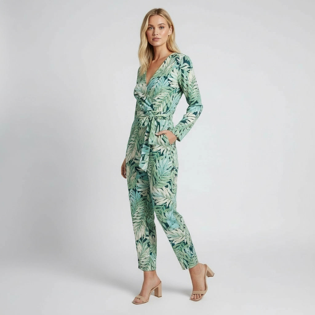 Tropical Leaf Print V-Neck Jumpsuit