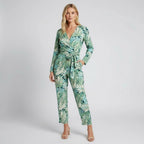 Tropical Leaf Print V-Neck Jumpsuit