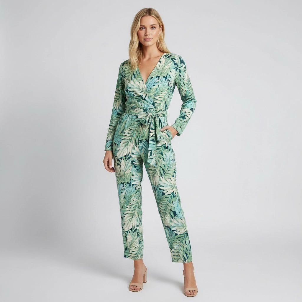 Tropical Leaf Print V-Neck Jumpsuit