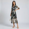 Women’s Sheer Floral Midi Dress With 3/4 Sleeves