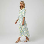 V-Neck Daisy Print Midi Dress With 3/4 Sleeves